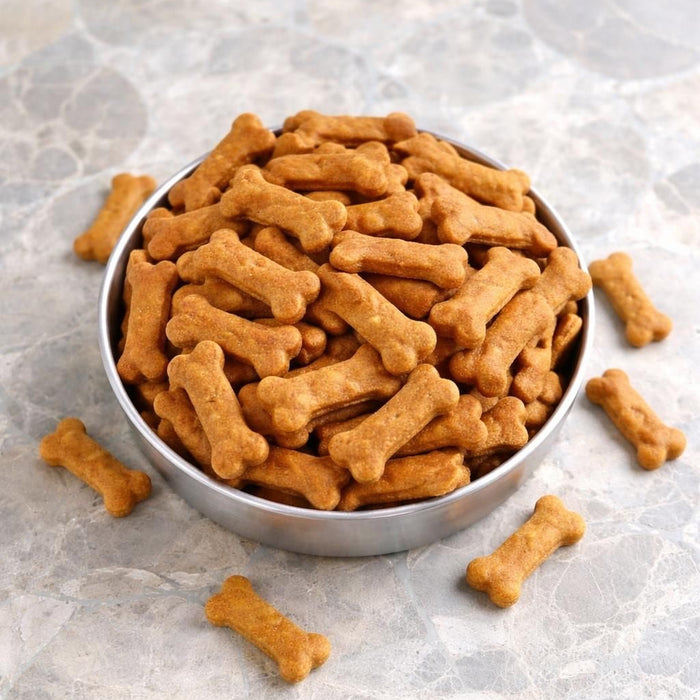 Bowl of dog bone-shaped treats on a textured surface