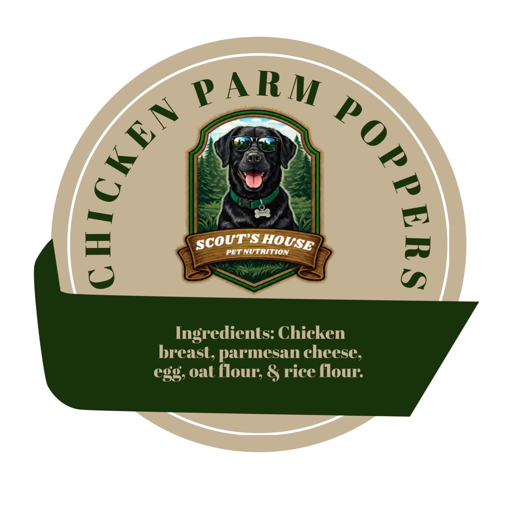 Chicken Parm Poppers packaging with a black dog and brand name on a white background