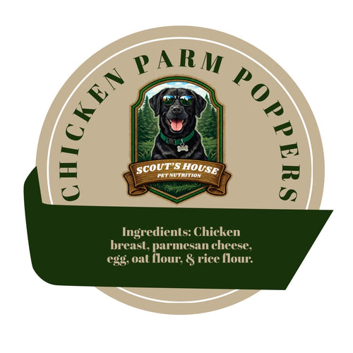 Chicken Parm Poppers packaging with a black dog and brand name on a white background