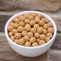White bowl filled with dog food on a stone wall background